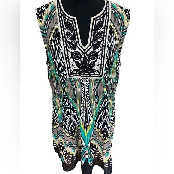 ALFANI pleated sleeveless split neck embroidered bodice dress, size 16. - Picture 1 of 6